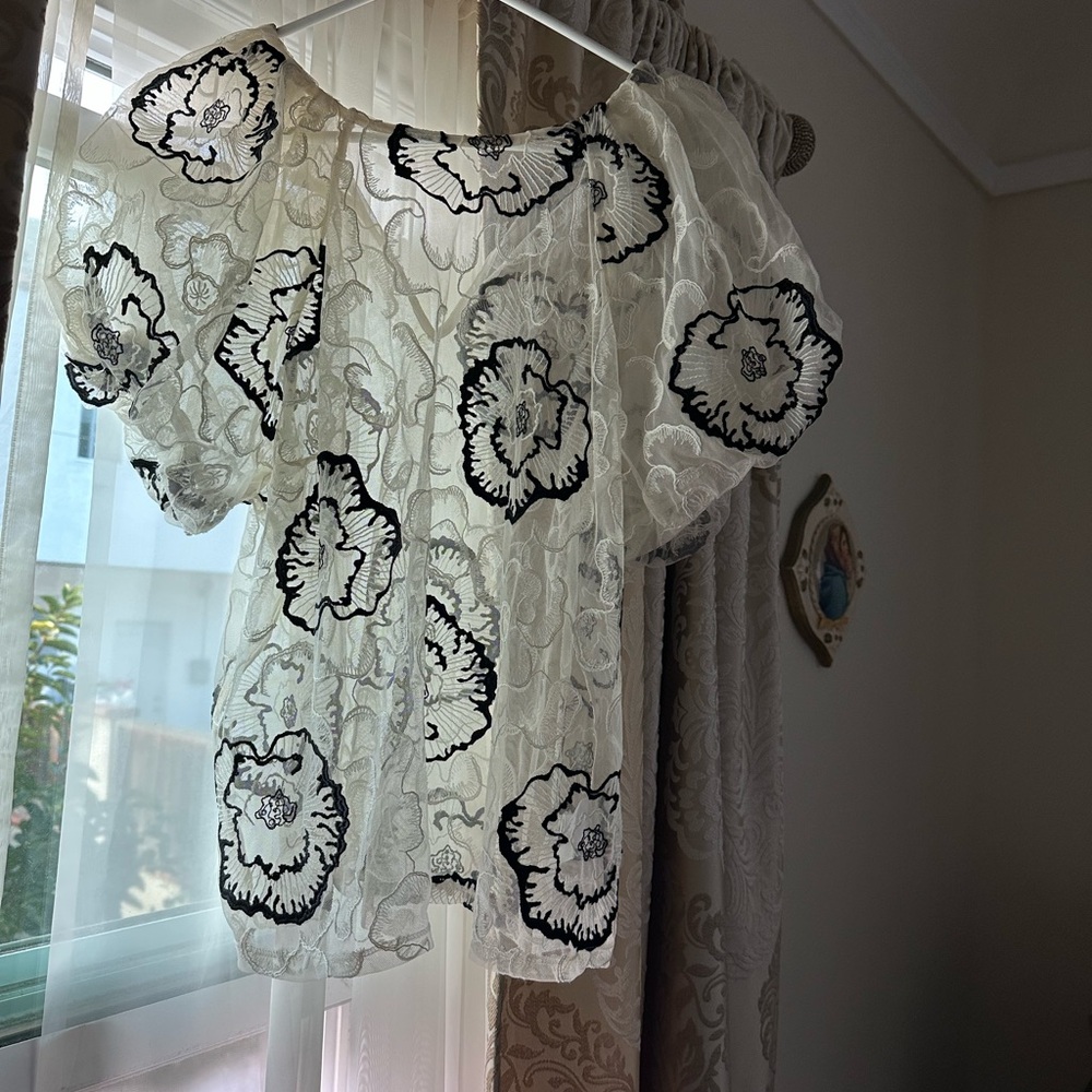 Express Sheer Floral Blouse - Black and Cream